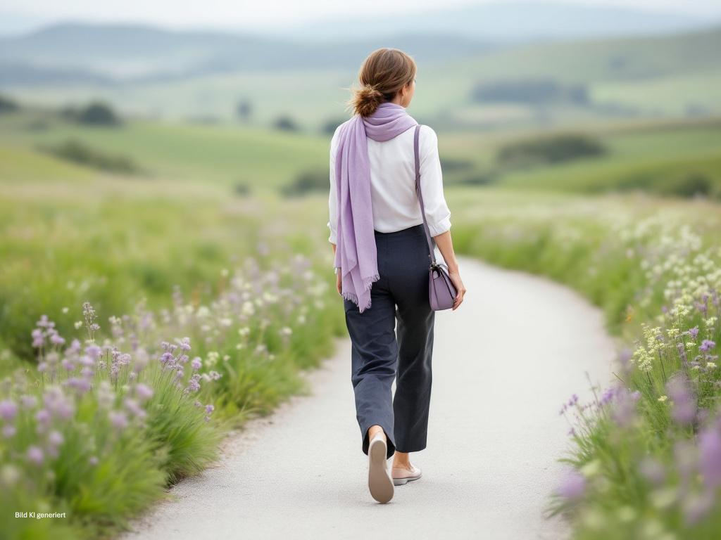 Frau im Halbprofil geht beschwingt einen Weg entlang, umgeben von Blüten in Lila und Moosgrün – Symbol für Leichtigkeit, Stärke entfalten und nachhaltige Veränderung für Frauen in Führung.
