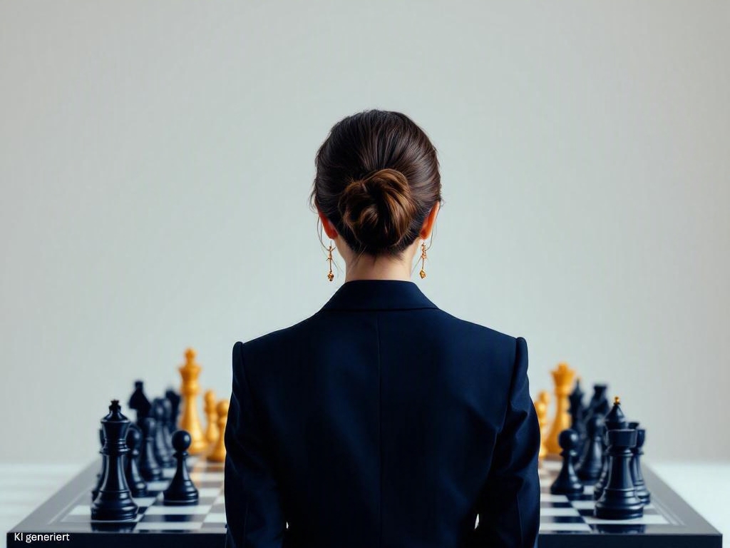 Eine Businessfrau sitzt vor einen Schachbrett als Symbol für die Frage Wann lohnt sich ein Konflikt?