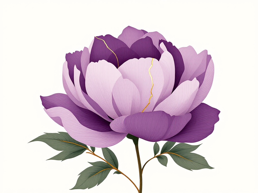 Eine halb geöffnete Blüte in Aubergine-Purpur auf hellem Hintergrund – ein Blütenblatt mit feinem Goldriss in Kintsugi-Manier, dazu moosgrüne Blattakzente als Metapher für Quiet Cracking Frauen in Führung: nach außen entfaltet und schön, innen im stillen Zerbrechen.